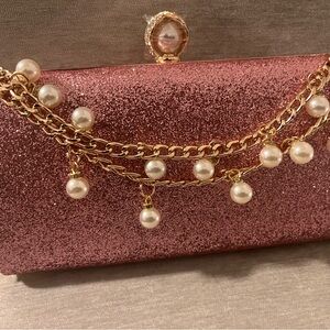 Set of 3, Pink Glitter Clutch, matching bracelet and chain